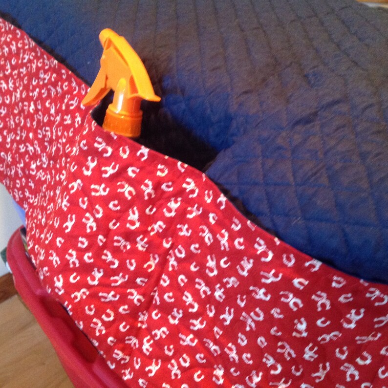 Horse saddle rack cover 10 storage pockets washable navy quilted cotton show storage item show award redwhite horse shoe print