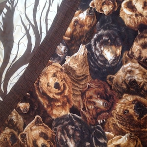 Bears, cotton lap quilt, throw, washable, black, brown, grizzly, border, machine quilted hunter gift, sportsman, nature lover, man 50x56 in.