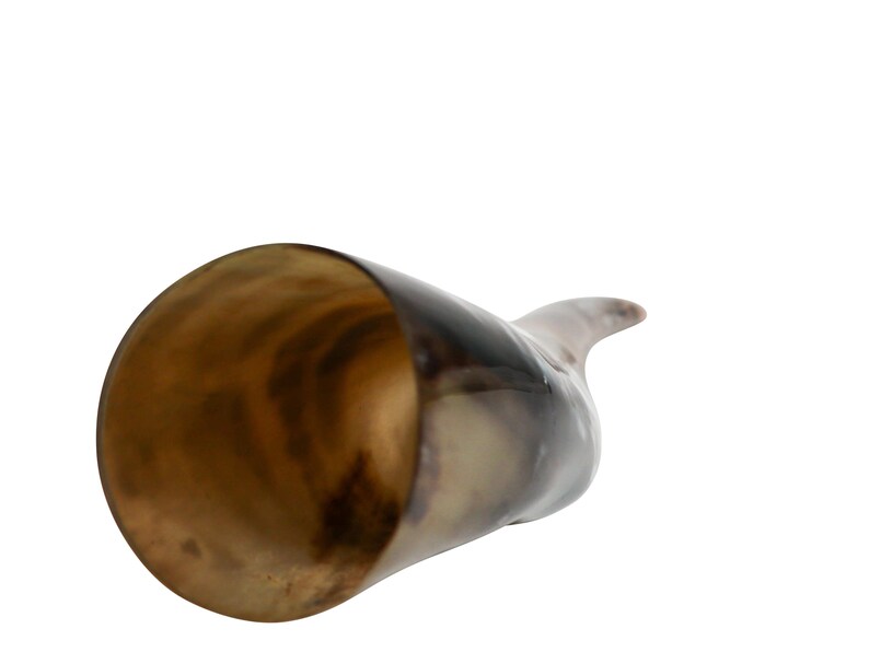 May include: A brown and black drinking horn with a polished interior. The horn is made of natural material and has a unique shape.