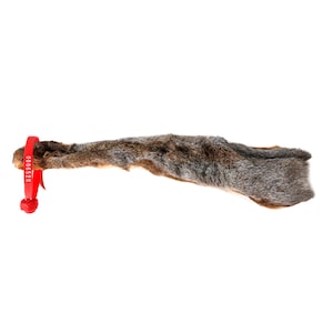 May include: A section of animal fur, primarily gray and brown, with a red tag attached at one end. The tag has the number "0006520" printed on it. The fur appears to be from a small animal.