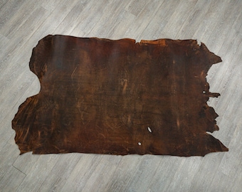 May include: A large, brown leather hide with an irregular shape and a rough, textured surface.