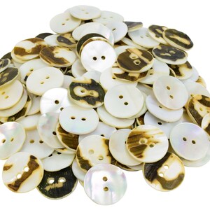 May include: A pile of white and brown shell buttons with two holes each. The buttons are round and have a natural, organic look.