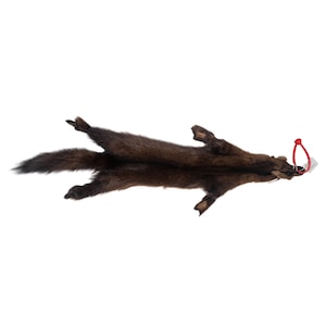 May include: A brown mink fur pelt with a red tag attached.