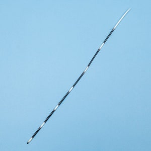 Puede incluir: Una pluma larga, delgada, de color blanco y negro sobre un fondo azul claro.