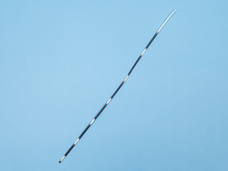 Puede incluir: Una pluma larga, delgada, de color blanco y negro sobre un fondo azul claro.