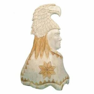 May include: A carved wooden sculpture of a person wearing a headdress with an eagle design. The sculpture is made of light brown and white wood and has a detailed design.