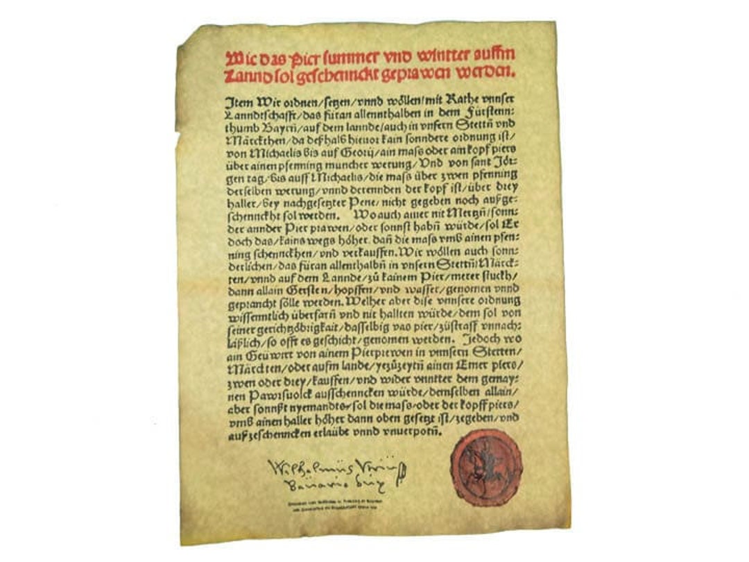 German Beer Purity Act of 1516 Reinheitsgebot Parchment Etsy