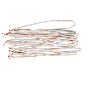 May include: Strands of off-white, rectangular beads are bundled together, tied with orange string. The beads have a natural, organic appearance, with variations in color and texture. The beads are likely used for jewelry making or other craft projects.