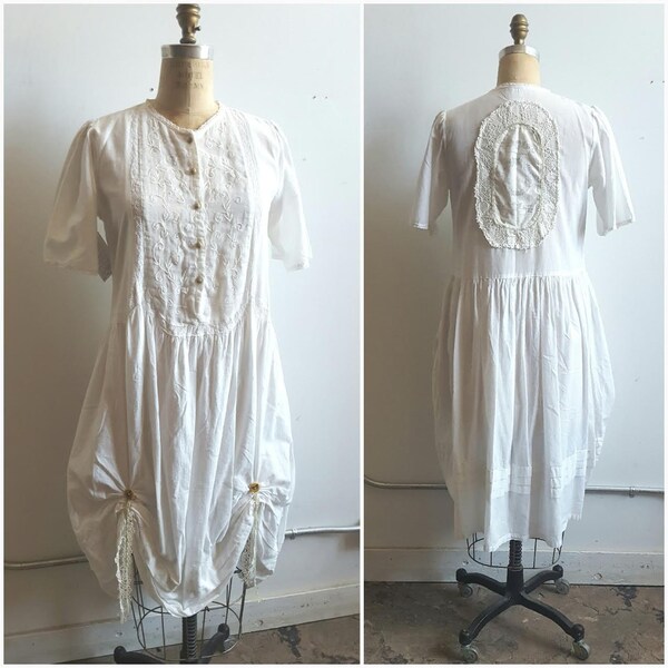 Handmade White Cotton Prairie Dress, Rustic dress, Country Bridal Dress, Size M/L