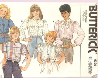 VINTAGE Butterick Sewing Pattern 6329 - Children's Clothes- Girl's Blouses, Size 7-8-10