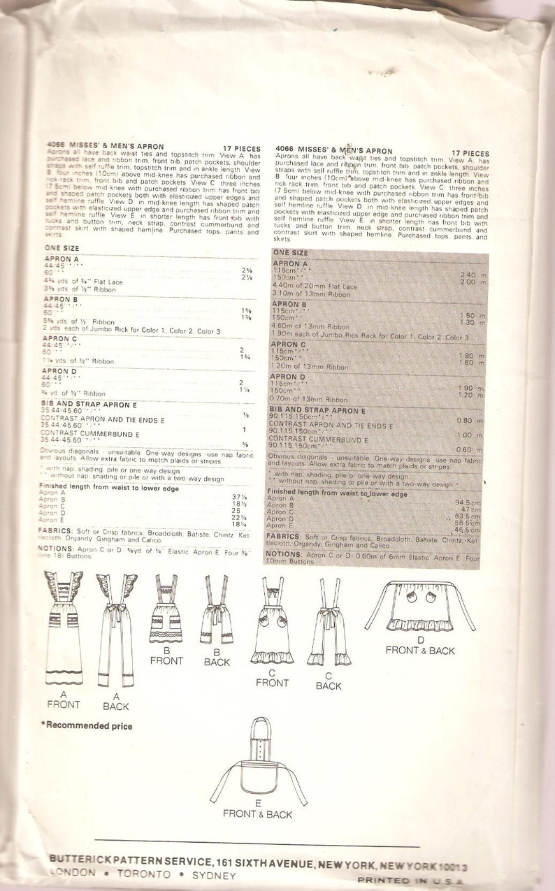Style 4066 Pattern Butterick Sewing Pattern 4066 - Uniforms - Men and Women's - Aprons ...