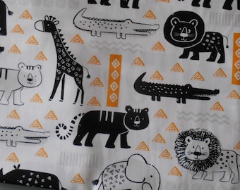SALE - STOFF -Dschungeltiere -Löwe - Giraffe - Elefant - Baumwollstoff auf Weiß