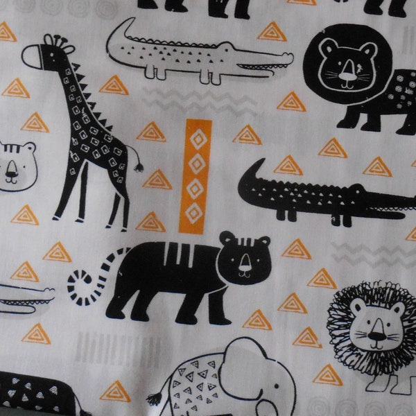 FABRIC - Jungle Animals - Cotton Fabric - Lion, Elephant, Giraffe, Rhino, Crocodile, Tiger - White Fabric