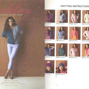 Puede incluir: Una página de revista de moda con una mujer con un top azul y gris y pantalones morados claros. La portada dice "Sublime" y "The Luxury Brand by Sirdar". La página incluye instrucciones de tejido e imágenes de prendas de punto.