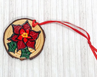 Poinsettia Wood Slice Christmas Ornament Hand Painted, Holiday Decor, Xmas Decorations, Tree Hanging, Gift Tag