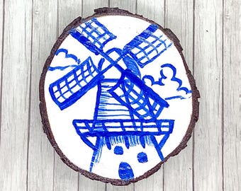 Väderkvarnmagnet, handmålad träskiva, blå Delft-stilmålning, köksinredning, kylskåpsmagnet, kylskåpsdekoration, holländsk heminredning