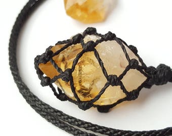 Raw Citrine Crystal Necklace: Macrame Healing Stone Pendant