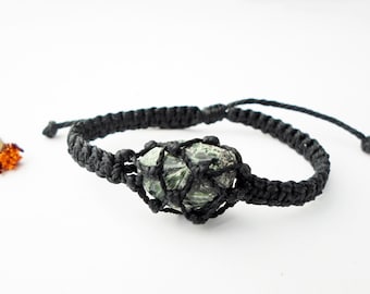 Macrame Seraphinite Bracelet: Green Angel Stone Jewelry