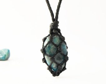 Blue Apatite Macrame Pendant Necklace: Chakra Healing Crystal