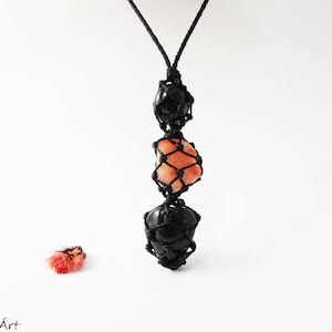 Leo Zodiac Necklace: Black Onyx, Sunstone & Garnet Macrame Pendant