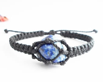 Mens Lapis Lazuli Bracelet: Black Macrame Healing Stone Jewelry