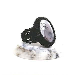 Dendrite Agate Macrame Ring: Black Waxed Thread, Natural Stone