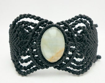 Handmade Macrame Onyx Statement Bracelet - Black Wrist Cuff with Onyx
