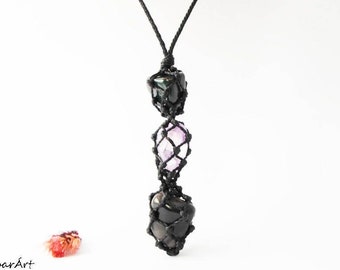 Zodiac Aries Pendant with Apache Tear Obsidian, Amethyst and Bloodstone
