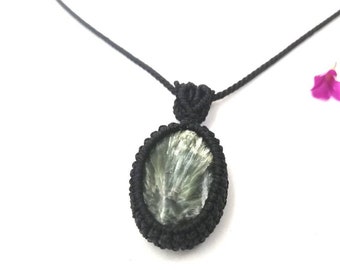Seraphinite Angel Stone Pendant: Micro Macrame Necklace