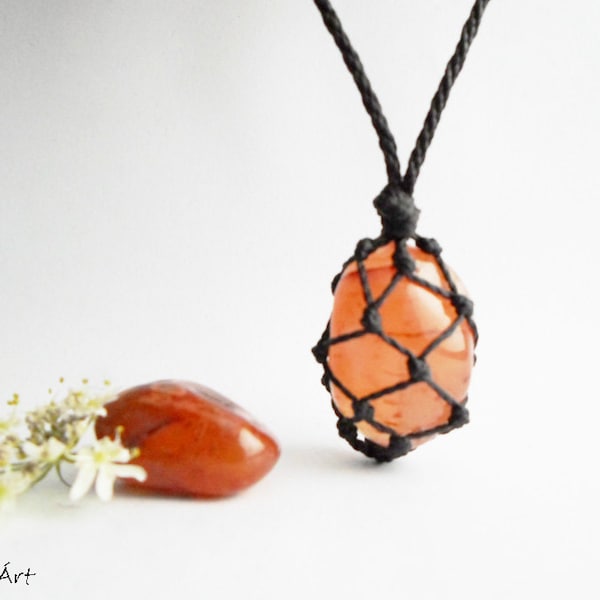 Carnelian Agate Necklace: Macrame Heart Chakra Crystal, August Birthstone