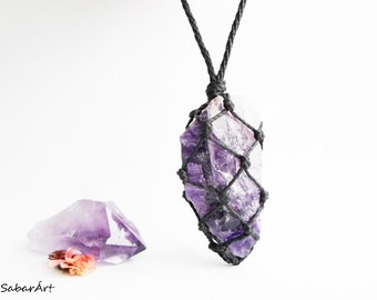 Raw Amethyst Point Necklace, Macrame Crystal Pendant, February Birthstone