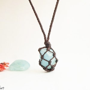 Aquamarine Crystal Necklace: Macrame Chakra Pendant, Adjustable Cord