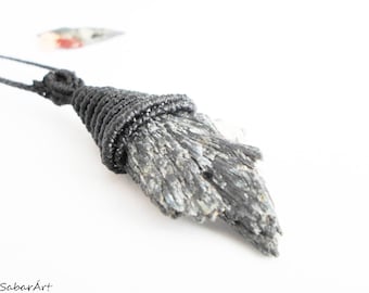 Raw Black Kyanite Necklace: Macrame Witch Broomstick Pendant