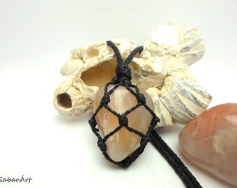 Tangerine Quartz Necklace: Macrame Healing Crystal Pendant