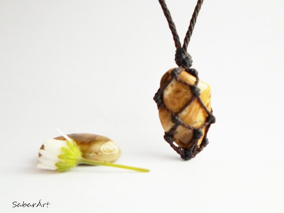 Ocean Jasper Macrame Necklace: Sea Stone Pendant, Adjustable Cord