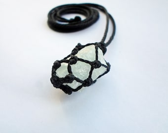 Raw Aquamarine Pendant Necklace: Macrame Crystal Jewelry