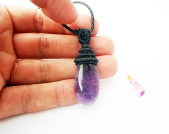 Amethyst Macrame Necklace: Black Waxed Thread, Adjustable Length