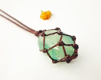 Green Fluorite Pendant: Macrame Necklace, Adjustable Length