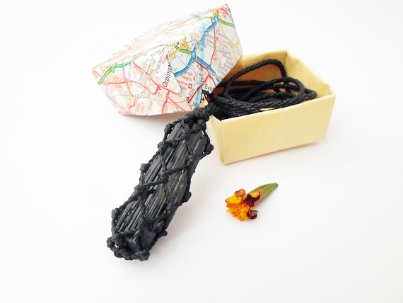 Raw Black Tourmaline Necklace: Macrame Crystal Pendant