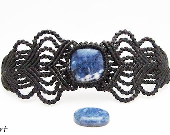 Sodalite Macrame Bracelet: Black Waxed Thread Wrist Cuff