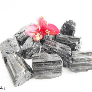 May include: A pile of black tourmaline crystals with a single pink flower on top. The crystals are rough and have a natural, unpolished look.