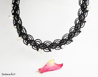 Crystal Choker: Black Macrame Boho Necklace