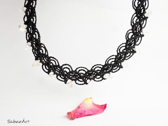 Crystal Choker: Black Macrame Boho Necklace