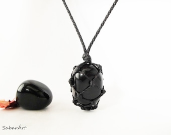 Black Obsidian Pendant: Macrame Healing Stone Necklace