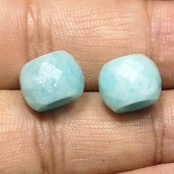 Amazonite Handmade Faceted Round Loose Beads Pair-8x11mm With 5mm Hole-Free Shipping