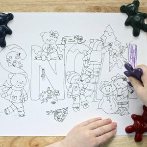 May include: A black and white coloring page featuring the word "SNOW" with various illustrations of bears, a snowman, a Christmas tree, and other winter-themed imagery.