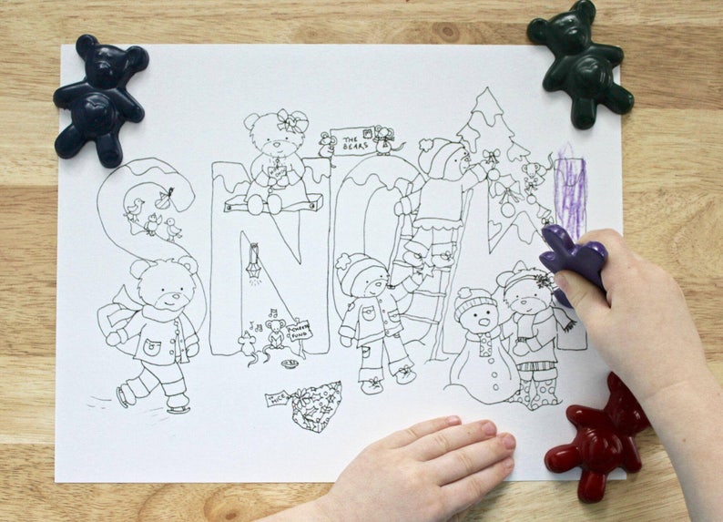 May include: A black and white coloring page featuring the word "SNOW" with various illustrations of bears, a snowman, a Christmas tree, and other winter-themed imagery.