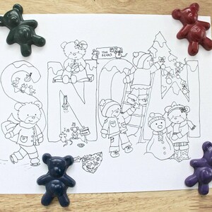 May include: A black and white coloring page featuring the word "SNOW" with illustrations of bears, birds, and a snowman. The page is surrounded by five colorful bear-shaped crayons in green, red, blue, and purple.