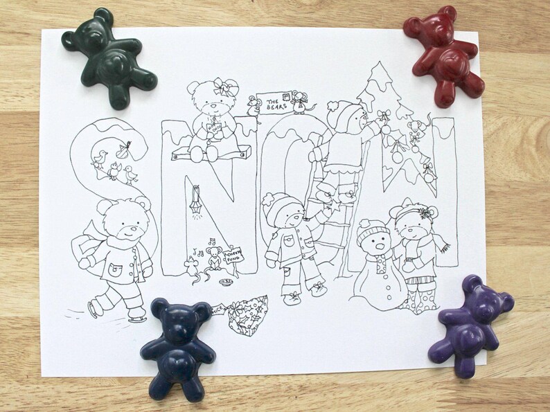 May include: A black and white coloring page featuring the word "SNOW" with illustrations of bears, birds, and a snowman. The page is surrounded by five colorful bear-shaped crayons in green, red, blue, and purple.