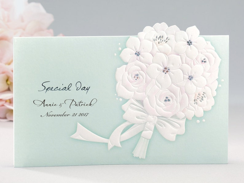 Tiffany Blue Wedding Invitations White Embossed Elegant Bouquet Invite All In One Wedding Invitation Rsvp Envelopes Seals Ch1813